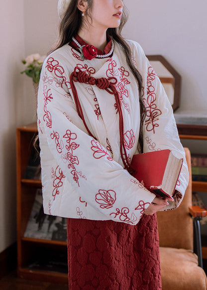 Parka elegante de invierno con botones chinos bordados y cuello de piel beige, rellena de algodón