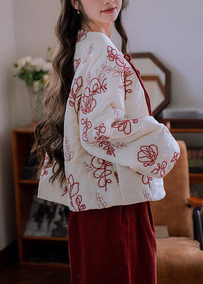 Parka elegante de invierno con botones chinos bordados y cuello de piel beige, rellena de algodón