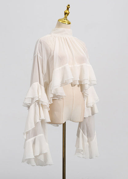 Chic Beige Hign Neck Ruffled Patchwork Chiffon Tops Flare Sleeve