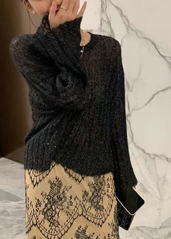 Suéteres de punto elegantes de cuello redondo y manga acampanada en beige