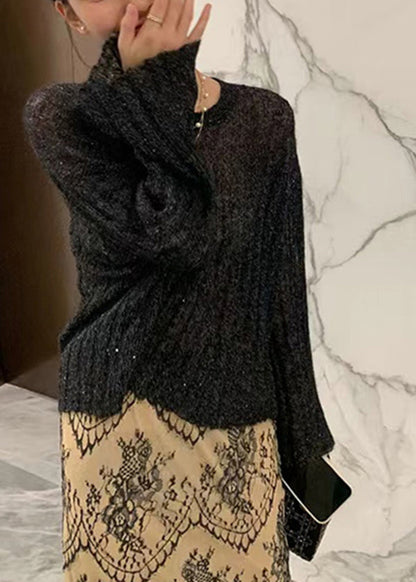 Suéteres de punto elegantes de cuello redondo y manga acampanada en beige