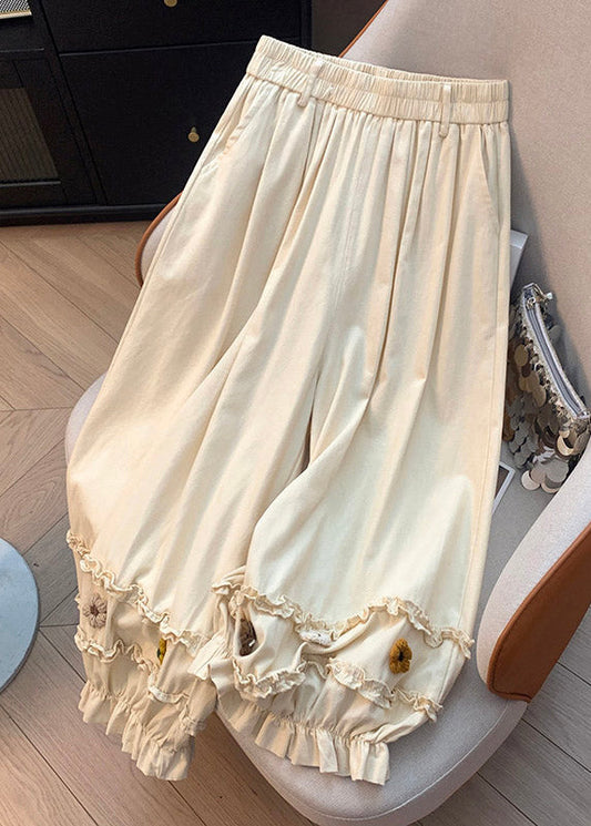 Chic Beige Ruffled Patchwork Wide Leg Pants Summer