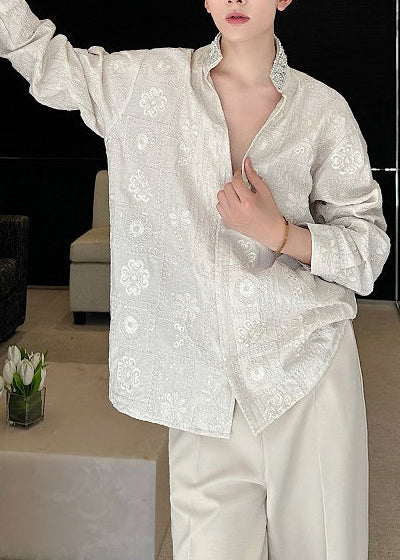 Chic Beige Stand Collar Embroideried Cotton Worker Shirt Men Fall
