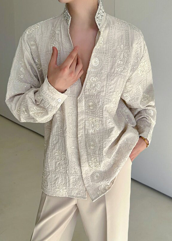 Chic Beige Stand Collar Embroideried Cotton Worker Shirt Men Fall