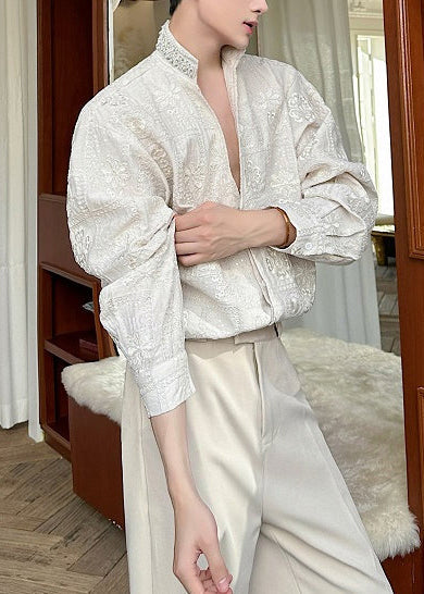 Chic Beige Stand Collar Embroideried Cotton Worker Shirt Men Fall