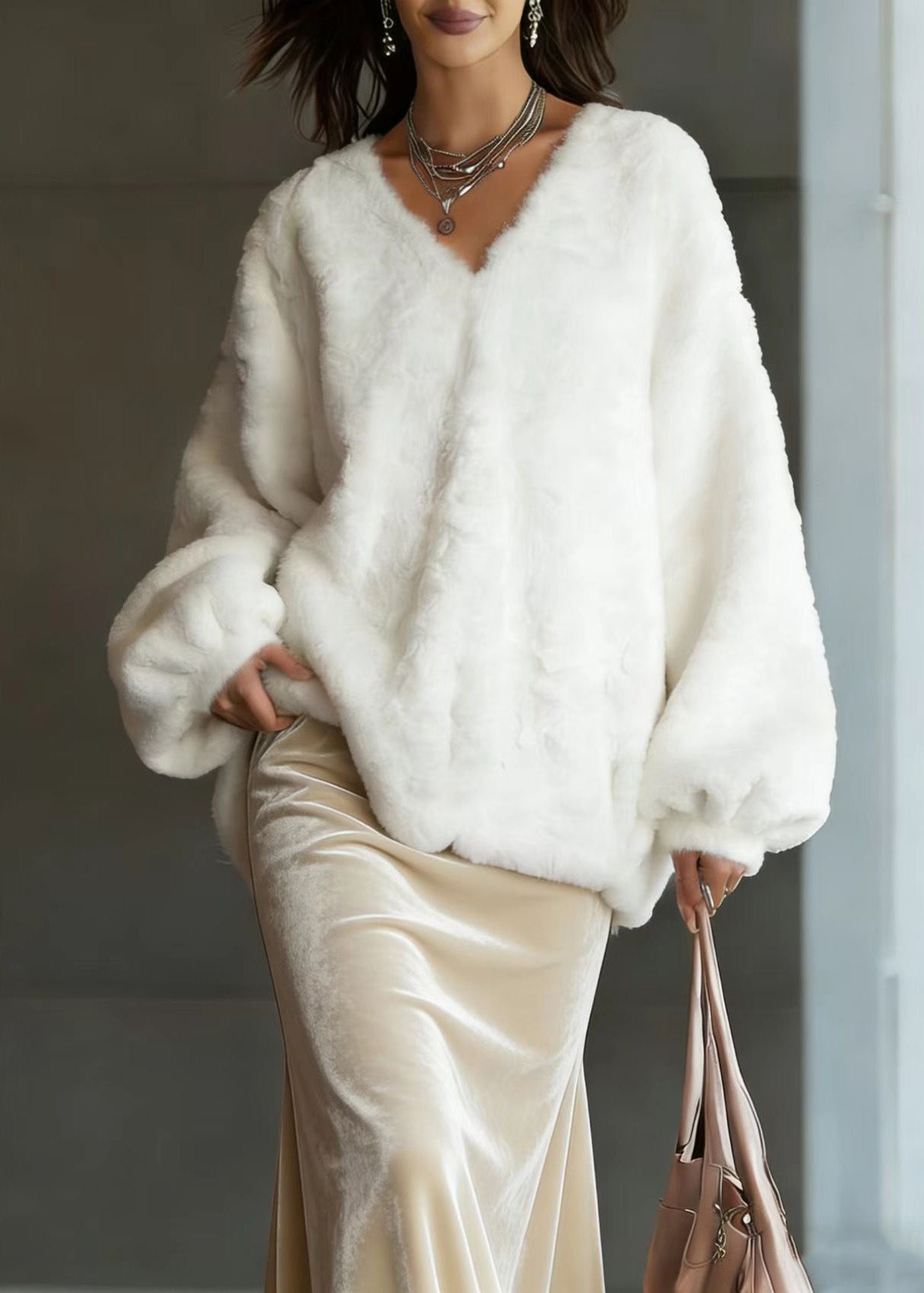 Chic Beige V Neck Fuzzy Fur Fluffy Tops Lantern Sleeve