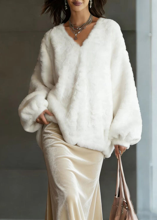Chic Beige V Neck Fuzzy Fur Fluffy Tops Lantern Sleeve