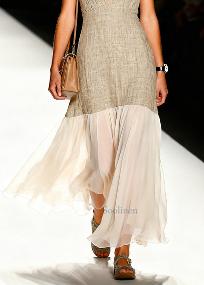 Chic Beige V Neck Patchwork Chiffon Linen Mini Dress Summer