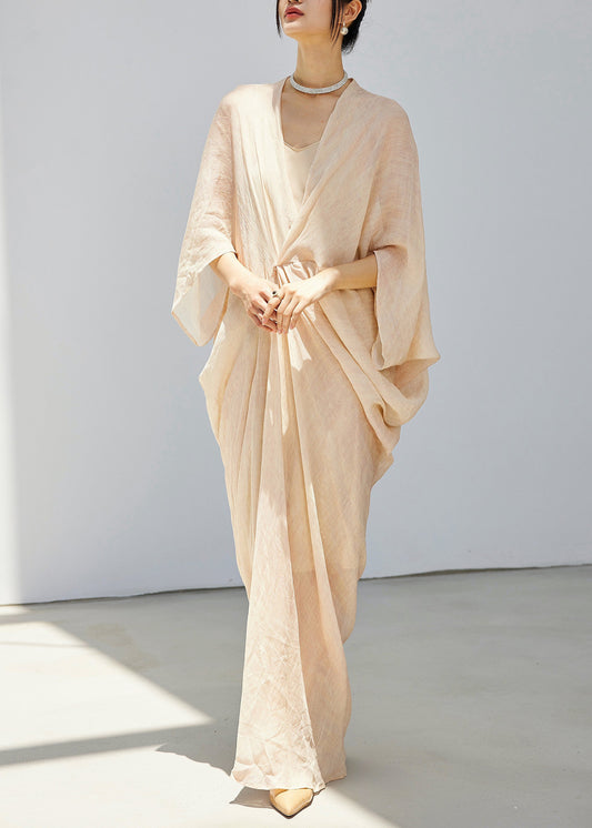 Chic Beige V Neck Wrinkled Solid Linen Silk Dress Bracelet Sleeve