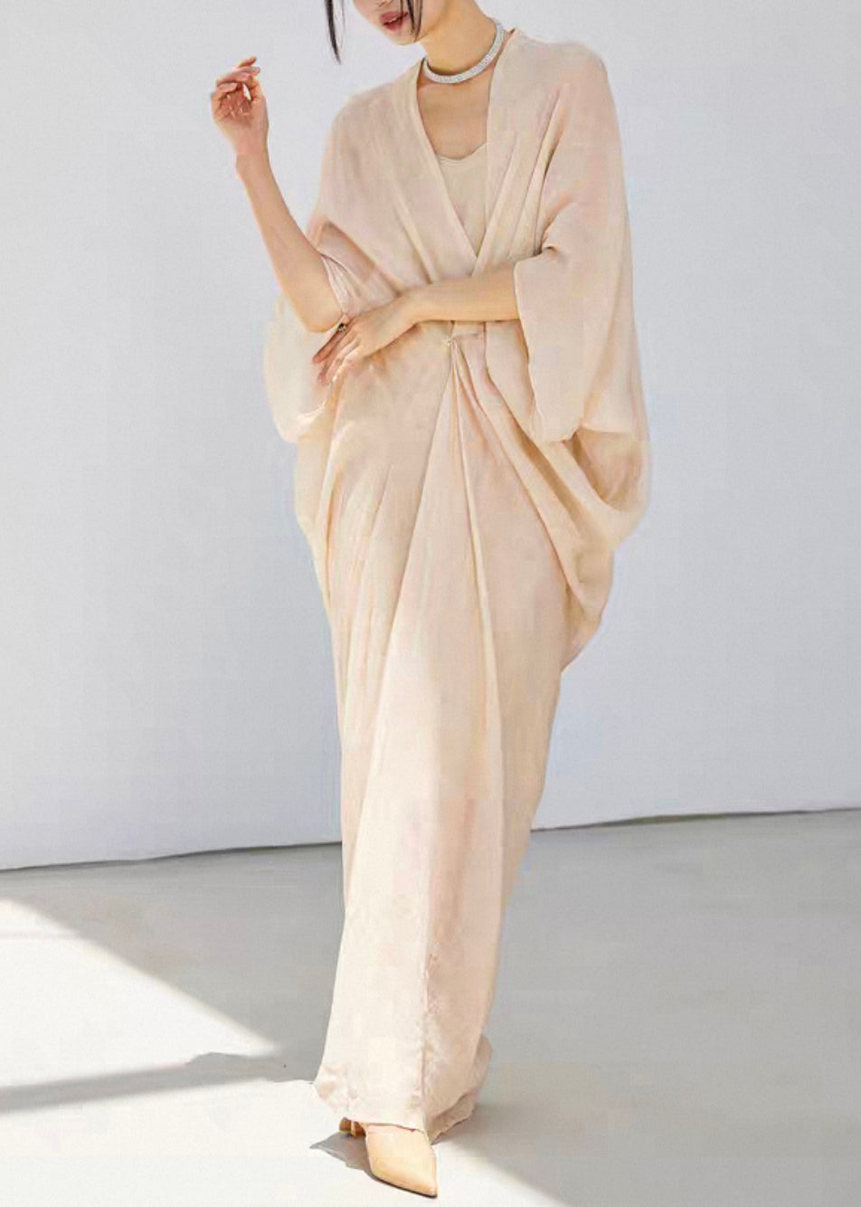 Chic Beige V Neck Wrinkled Solid Linen Silk Dress Bracelet Sleeve