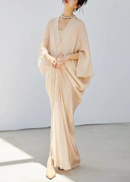 Chic Beige V Neck Wrinkled Solid Linen Silk Dress Bracelet Sleeve