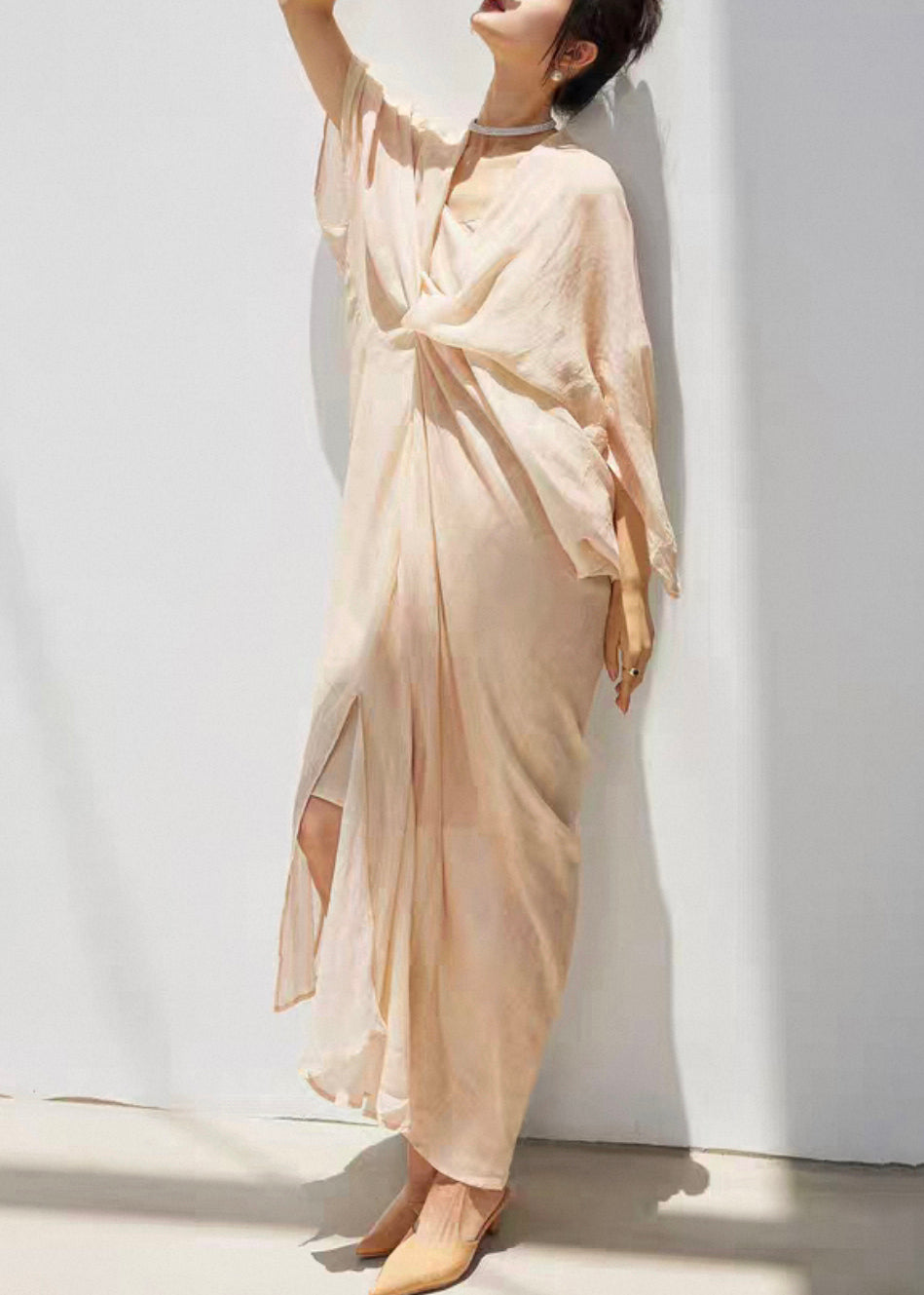 Chic Beige V Neck Wrinkled Solid Linen Silk Dress Bracelet Sleeve