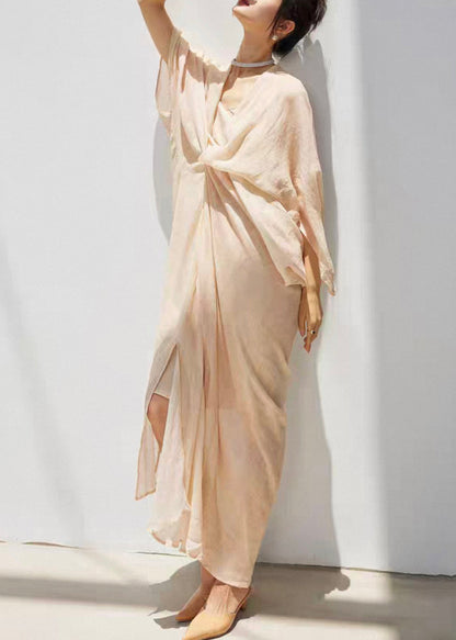 Chic Beige V Neck Wrinkled Solid Linen Silk Dress Bracelet Sleeve