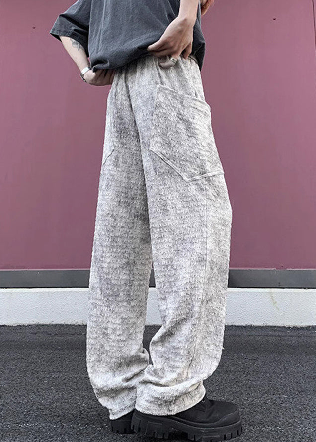 Chic Beige Wrinkled Pockets Ice Silk Mens Pants Summer