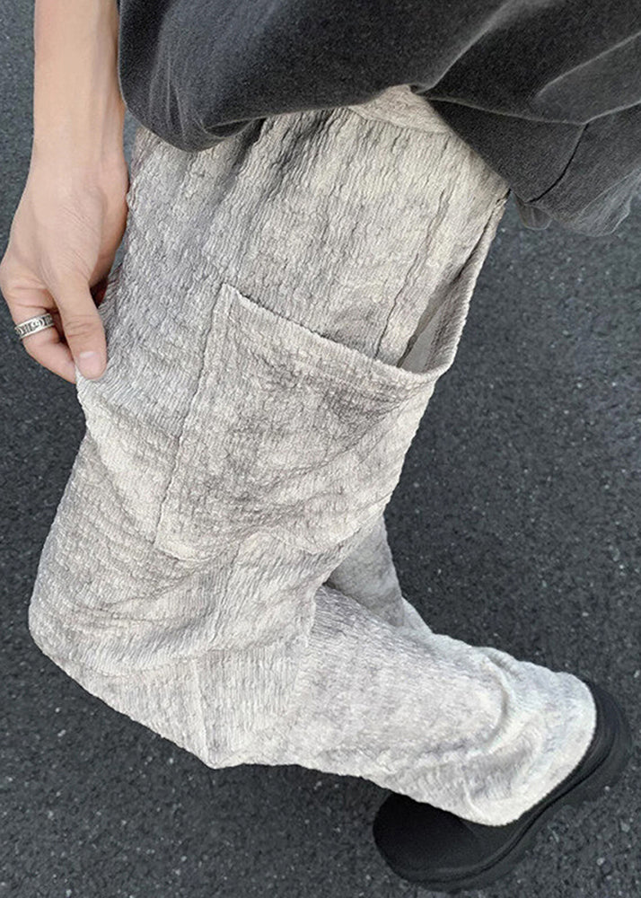 Chic Beige Wrinkled Pockets Ice Silk Mens Pants Summer