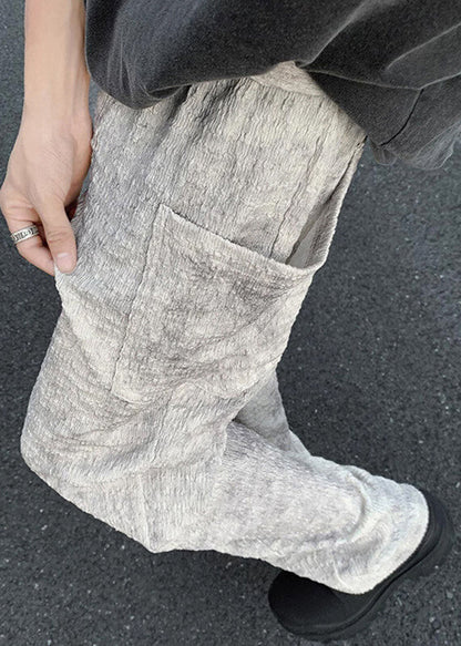 Chic Beige Wrinkled Pockets Ice Silk Mens Pants Summer