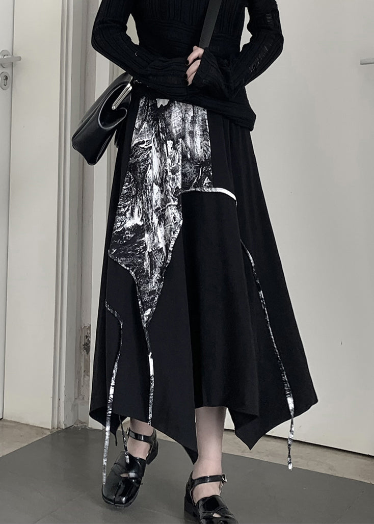 Schicker schwarzer, asymmetrisch bedruckter Baumwollrock in A-Linie für den Frühling