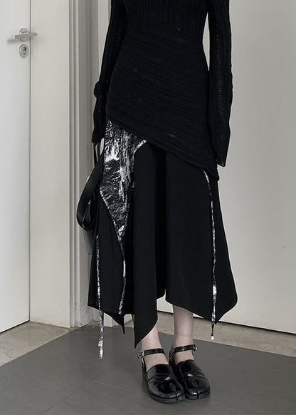 Schicker schwarzer, asymmetrisch bedruckter Baumwollrock in A-Linie für den Frühling