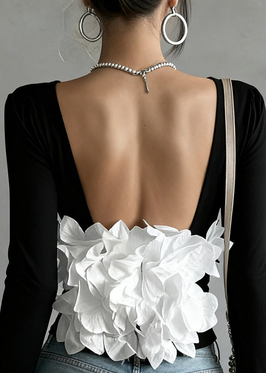 Chic Black Backless Petal Patchwork Cotton T Shirts Spring