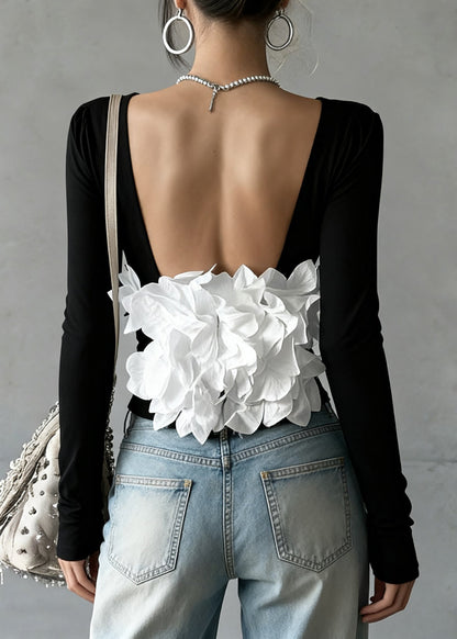 Chic Black Backless Petal Patchwork Cotton T Shirts Spring