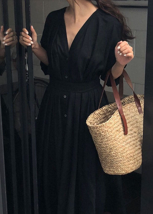 Schickes schwarzes Baumwollkleid mit Knöpfen, Frühling