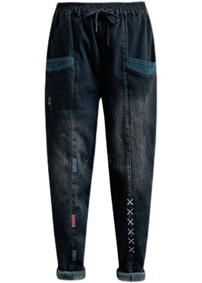 Schicke schwarze Haremshose aus Denim mit Cinched-Taschen für den Winter