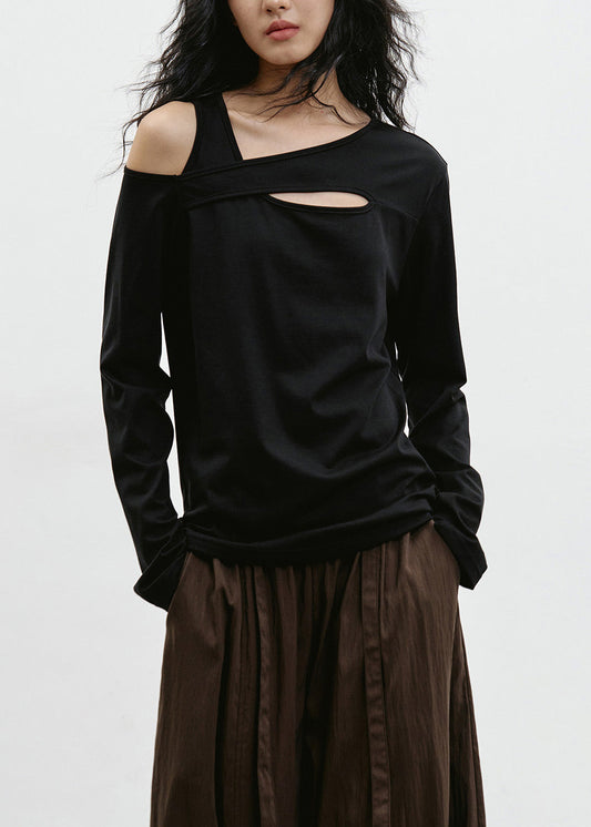 Chic Black Cold Shoulder Patchwork Cotton T Shirt Top Spring