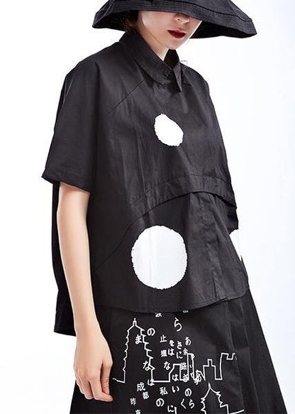 Chic Black Dot Short Sleeve Cotton Shirts - SooLinen