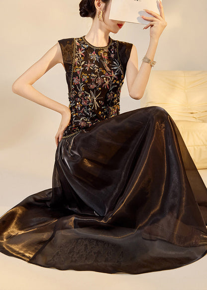 Chic Black Embroidered Nail Bead Tassel Women Sets 2 Pieces Sleeveless