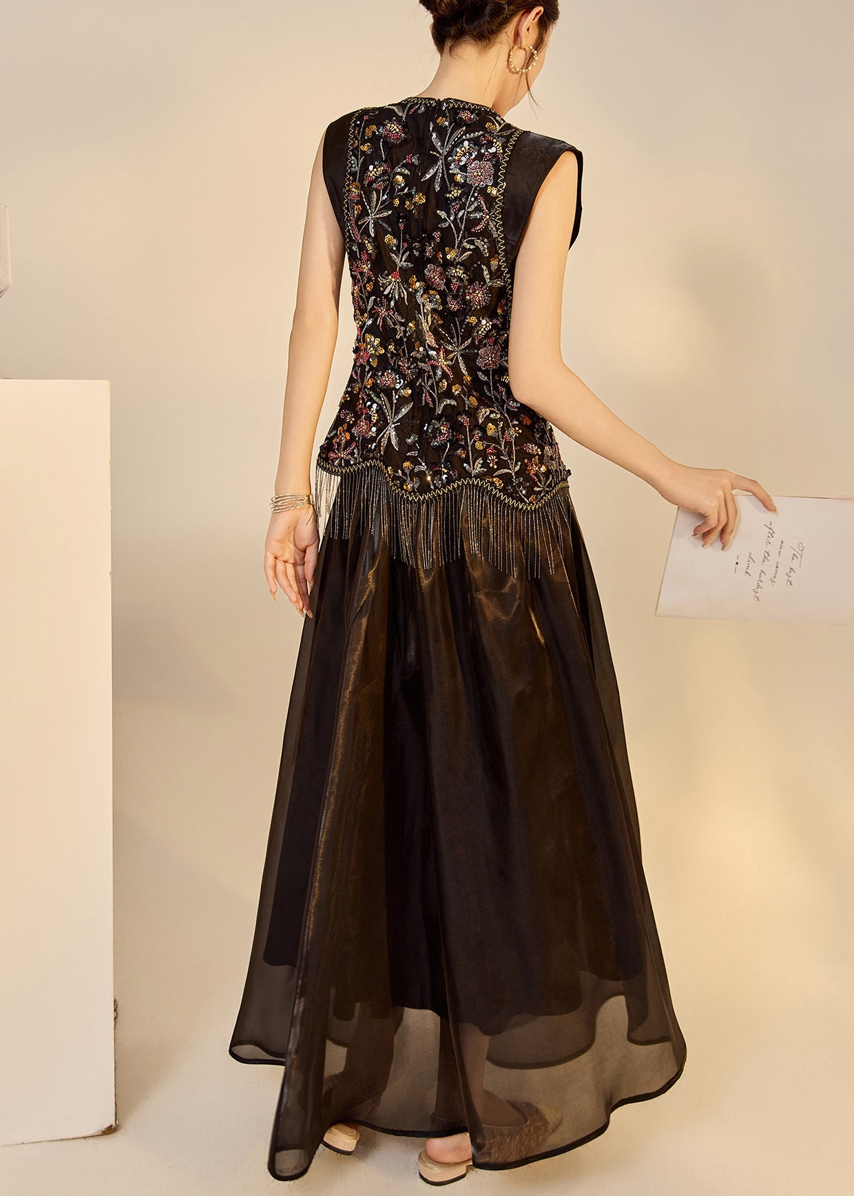 Chic Black Embroidered Nail Bead Tassel Women Sets 2 Pieces Sleeveless
