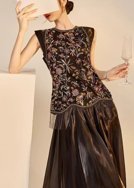 Chic Black Embroidered Nail Bead Tassel Women Sets 2 Pieces Sleeveless