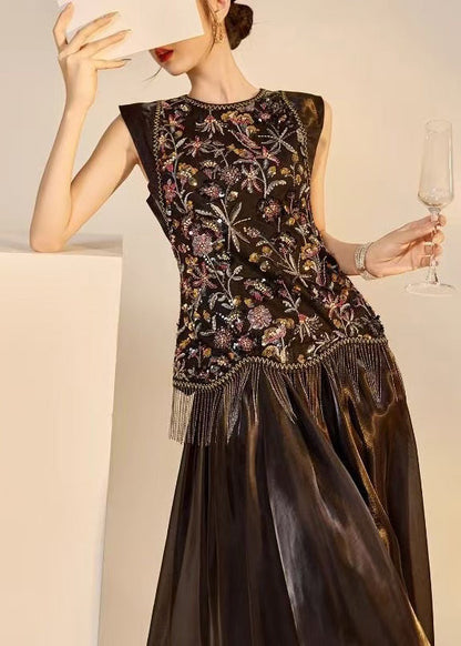 Chic Black Embroidered Nail Bead Tassel Women Sets 2 Pieces Sleeveless
