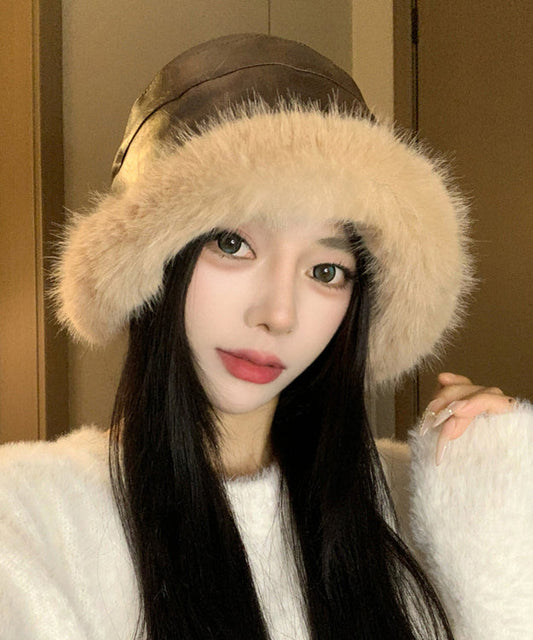 Elegante sombrero de pescador de piel sintética negra, grueso y cálido de forro polar