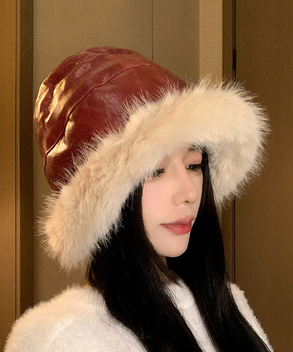 Elegante sombrero de pescador de piel sintética negra, grueso y cálido de forro polar