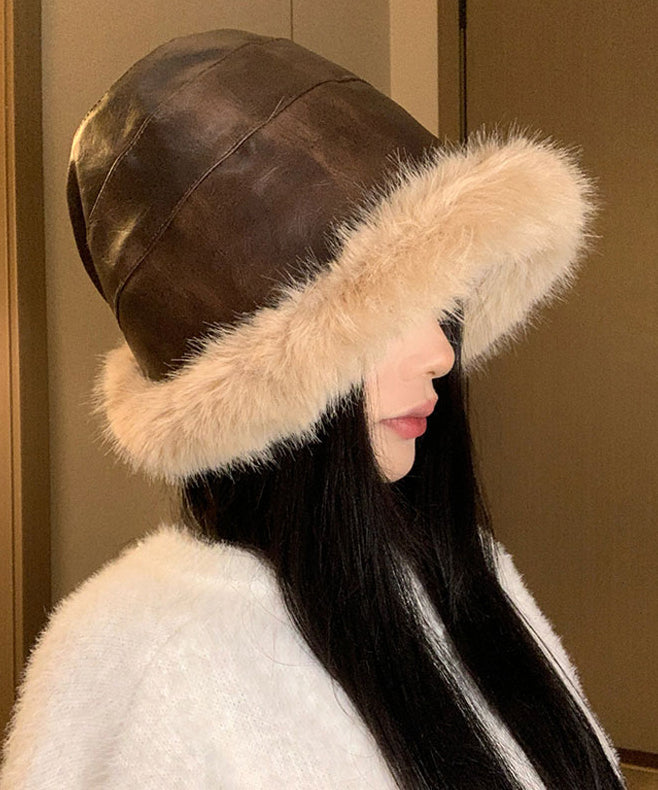 Elegante sombrero de pescador de piel sintética negra, grueso y cálido de forro polar