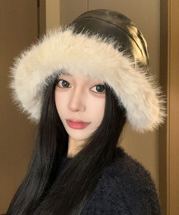 Elegante sombrero de pescador de piel sintética negra, grueso y cálido de forro polar