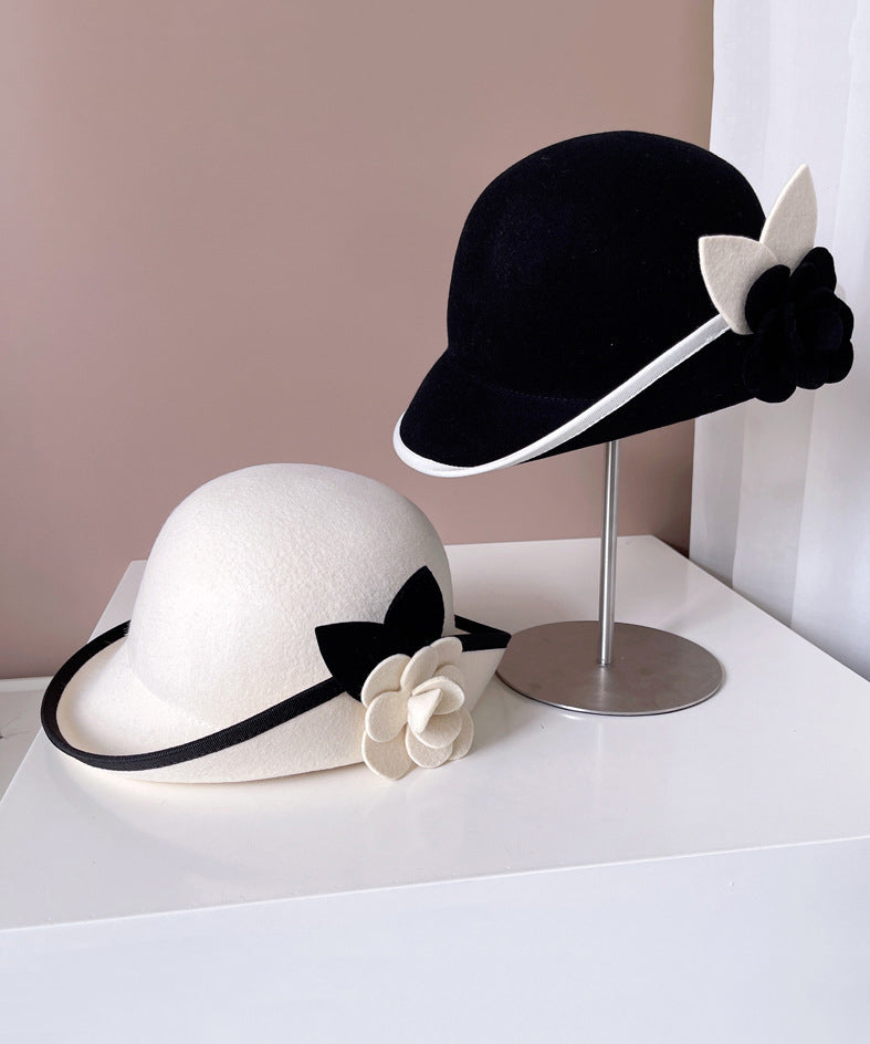 Chic Black Floral Cozy Woolen Bucket Hat