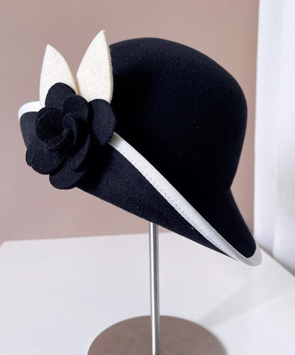 Chic Black Floral Cozy Woolen Bucket Hat