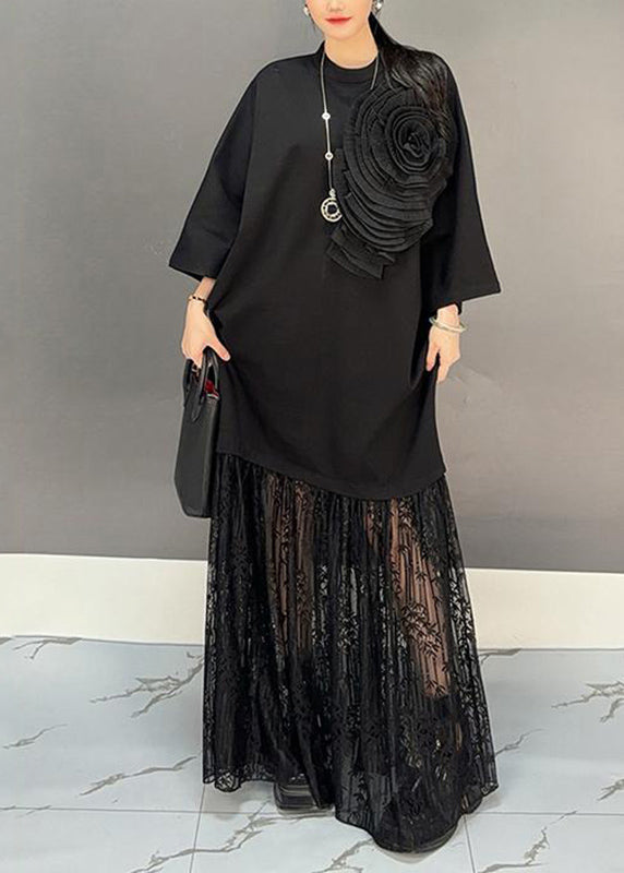 Chic Black Lace Patchwork Floral Maxi Dresses Fall