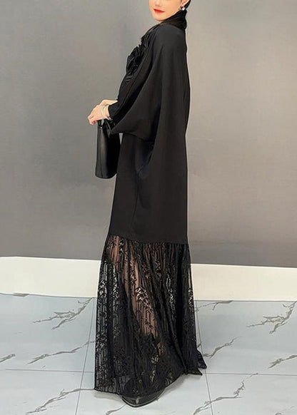 Chic Black Lace Patchwork Floral Maxi Dresses Fall