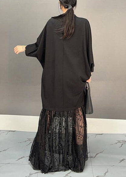 Chic Black Lace Patchwork Floral Maxi Dresses Fall