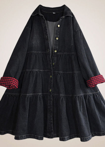 Chic Black Loose Button Patchwork Fall trench coats Dress