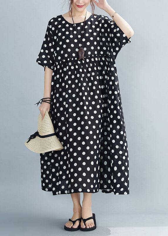 Chic Black O-Neck Dot Summer Maxi Dresses Half Sleeve - SooLinen