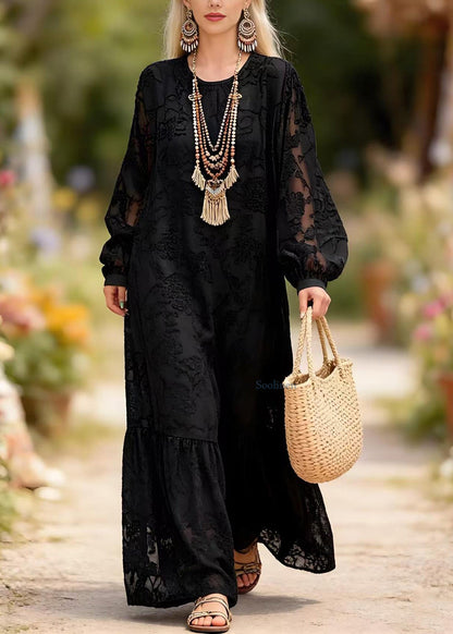 Chic Black O Neck Embroidered Lace Long Dress Spring