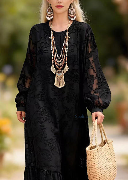 Chic Black O Neck Embroidered Lace Long Dress Spring