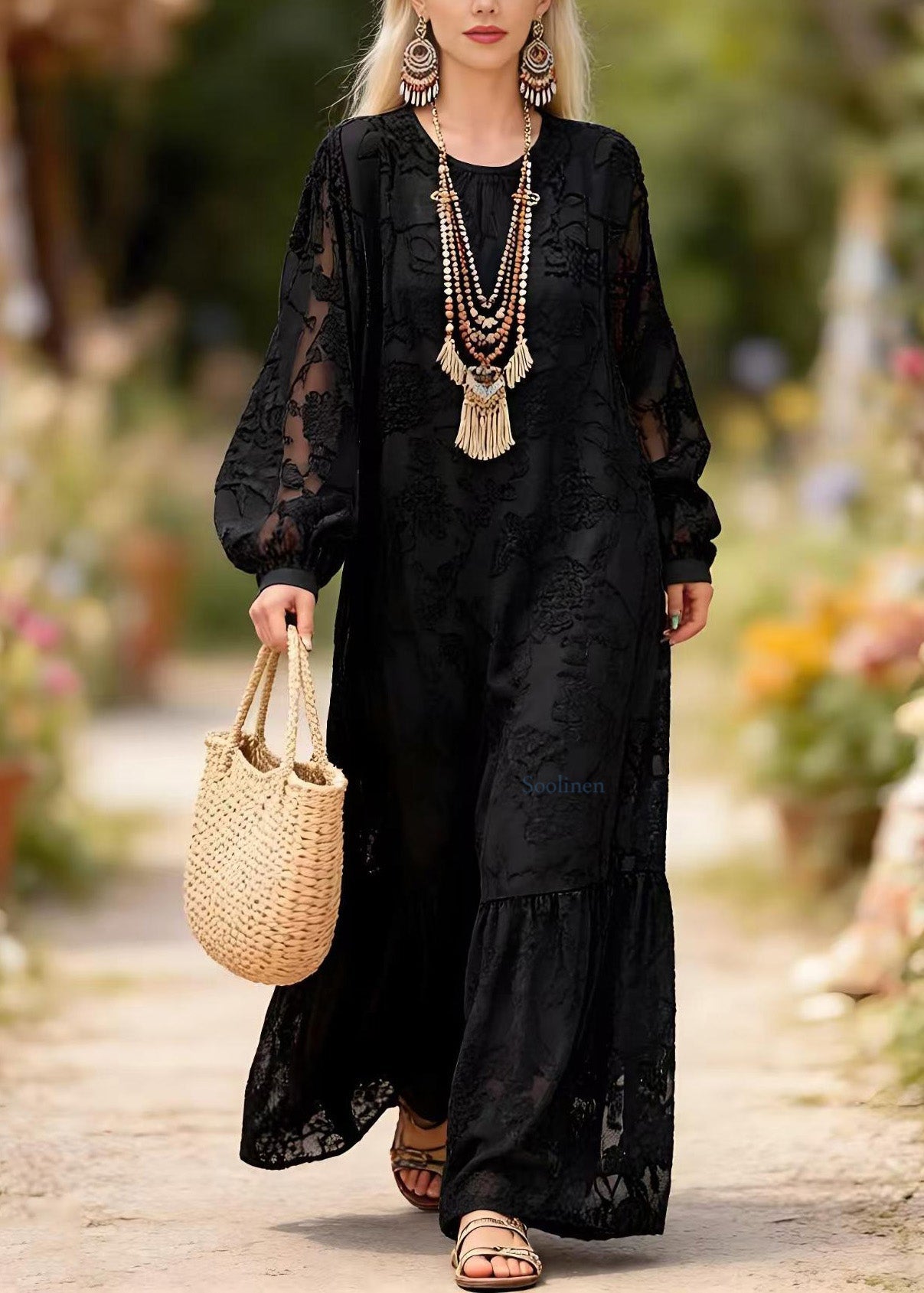 Chic Black O Neck Embroidered Lace Long Dress Spring