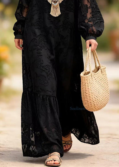 Chic Black O Neck Embroidered Lace Long Dress Spring