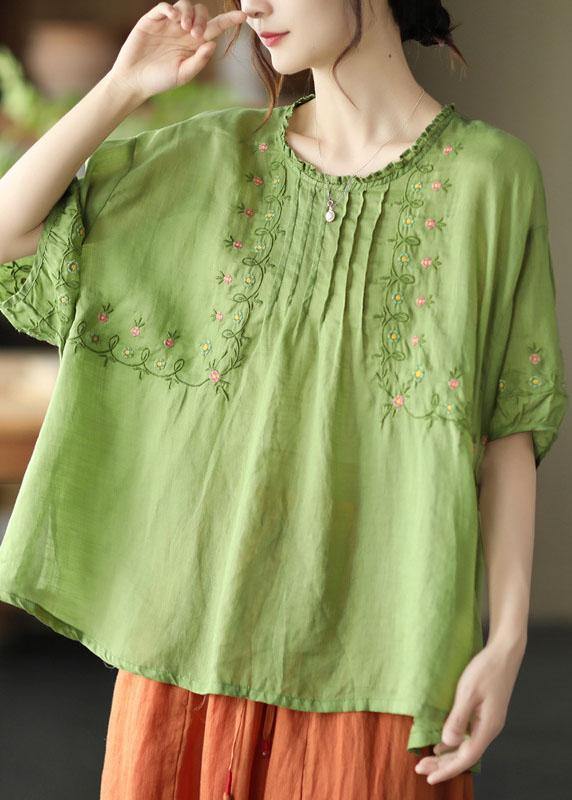 Chic Black O-Neck Embroideried Summer Ramie Half Sleeve - SooLinen