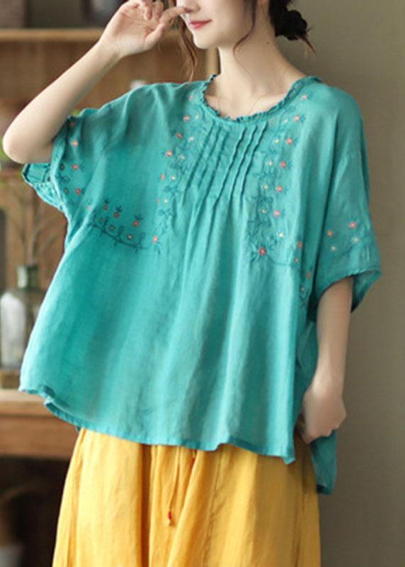 Chic Black O-Neck Embroideried Summer Ramie Half Sleeve - SooLinen