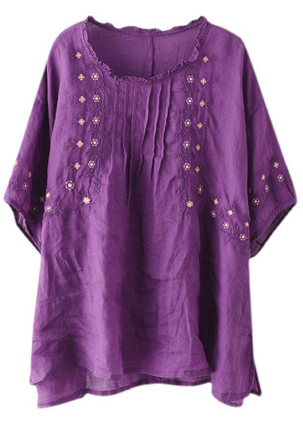 Chic Black O-Neck Embroideried Summer Ramie Half Sleeve - SooLinen